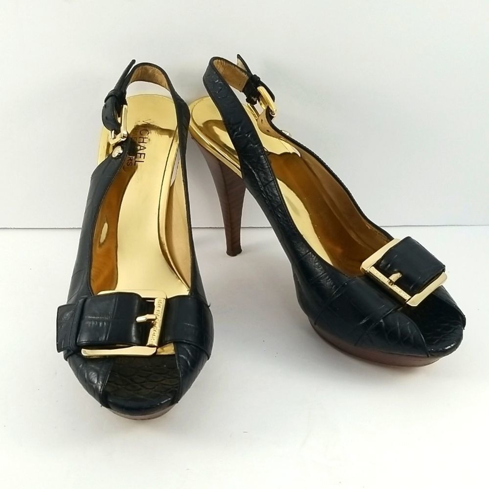 Michael Michael Kors Black Croc Embossed Slingback Platform Heels 8.5